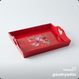 Hand-Painted Red Decorative Serving Tray with Floral Design